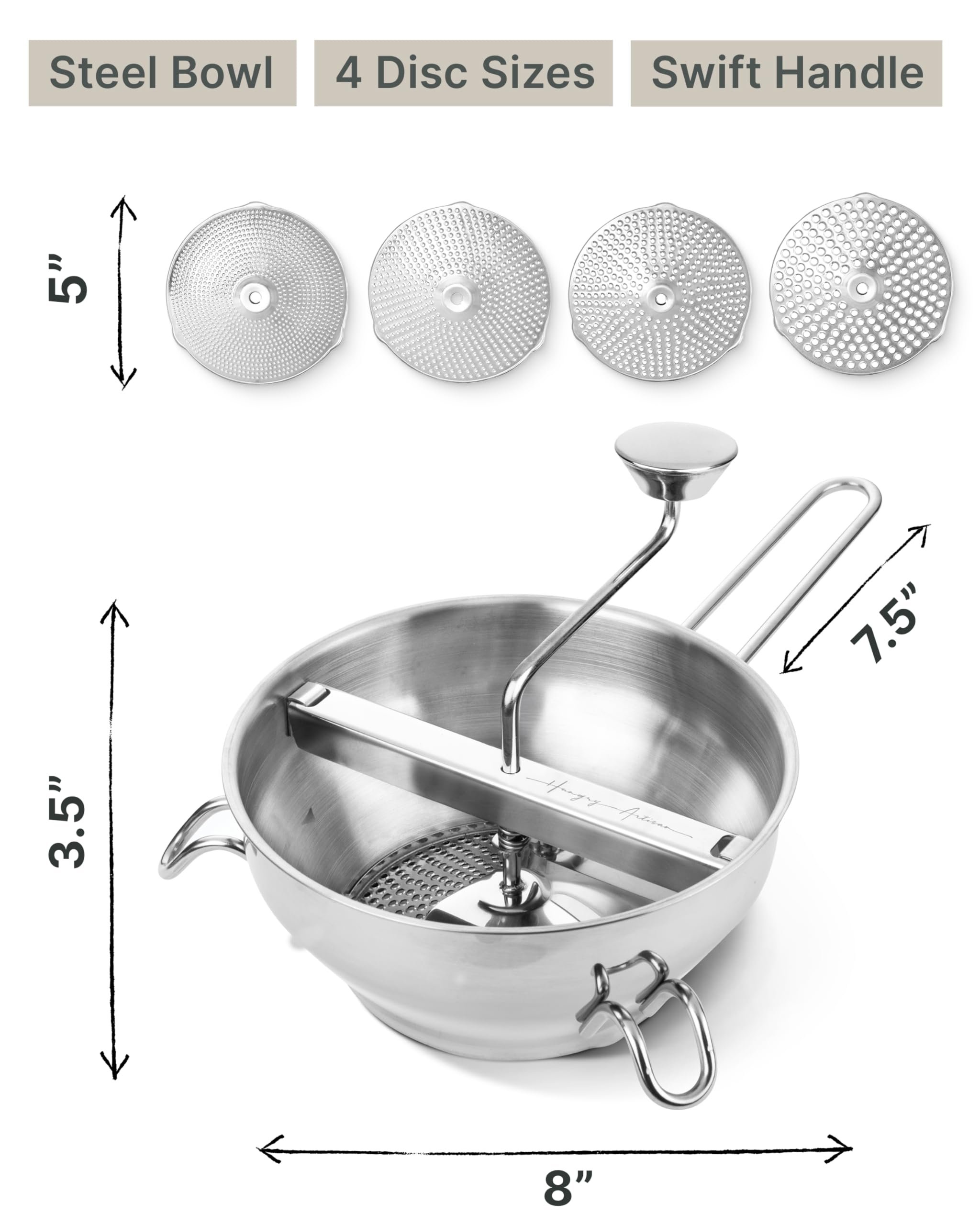 Molinillo de alimentos ergonómico de acero inoxidable con 3 discos de molienda, molinillo giratorio para salsa de tomate, puré, puré, puré de patatas, mermeladas, alimentos para bebés