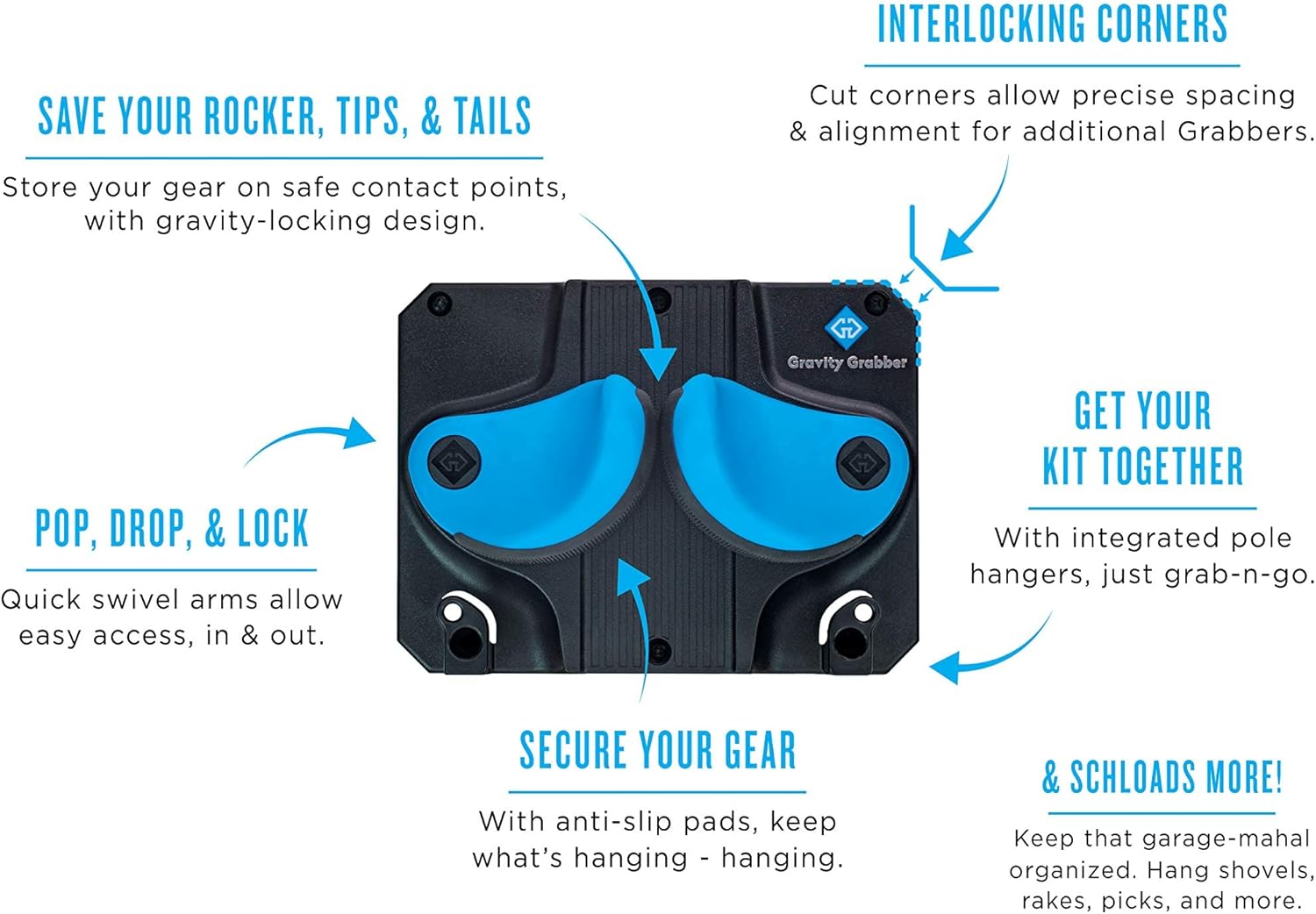 Gravity Grabber - Ultimate Ski + Snowboard Wall Storage Rack | Save Your Rocker, Tips, and Tails | Damage-Free Ski/Snowboard Storage Rack | Fits any Ski or Snowboard | Ski/Board Wall Storage (Cyan, 3) : Sports & Outdoors