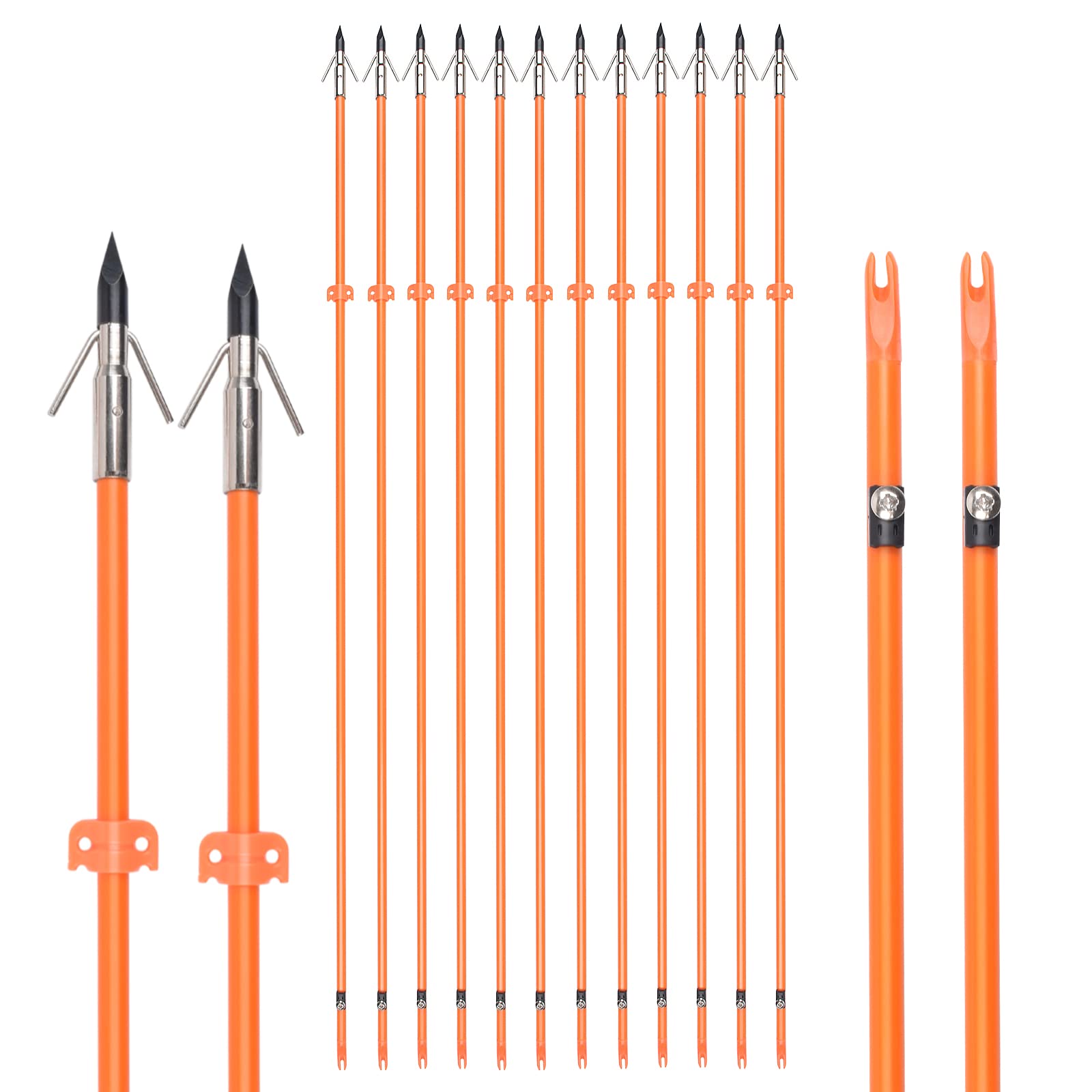 32 inches Bowfishing Arrows Fish Hunting Solid Fiberglass Shaft with Broadheads and Safty Slides for All Bows Fishing Huntings