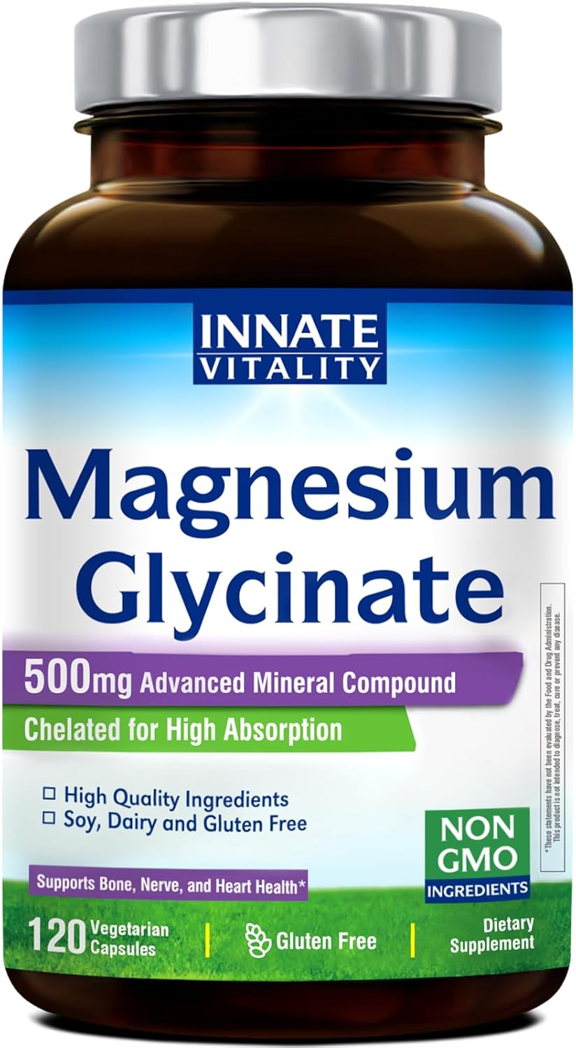 Innate Vitality Magnesium Glycinate 500mg | 70mg Elemental Magnesium Supplement- High Absorption, Non Buffered, Non-GMO & No Gluten – Nerve, Muscle, Bone Health – 120 Vegan Capsules Magnesio Innate Vitality Magnesium Glycinate 500mg | 70mg Elemental Magnesium Supplement- High Absorption, Non Buffered, Non-GMO & No Gluten – Nerve, Muscle, Bone Health – 120 Vegan Capsules Magnesio