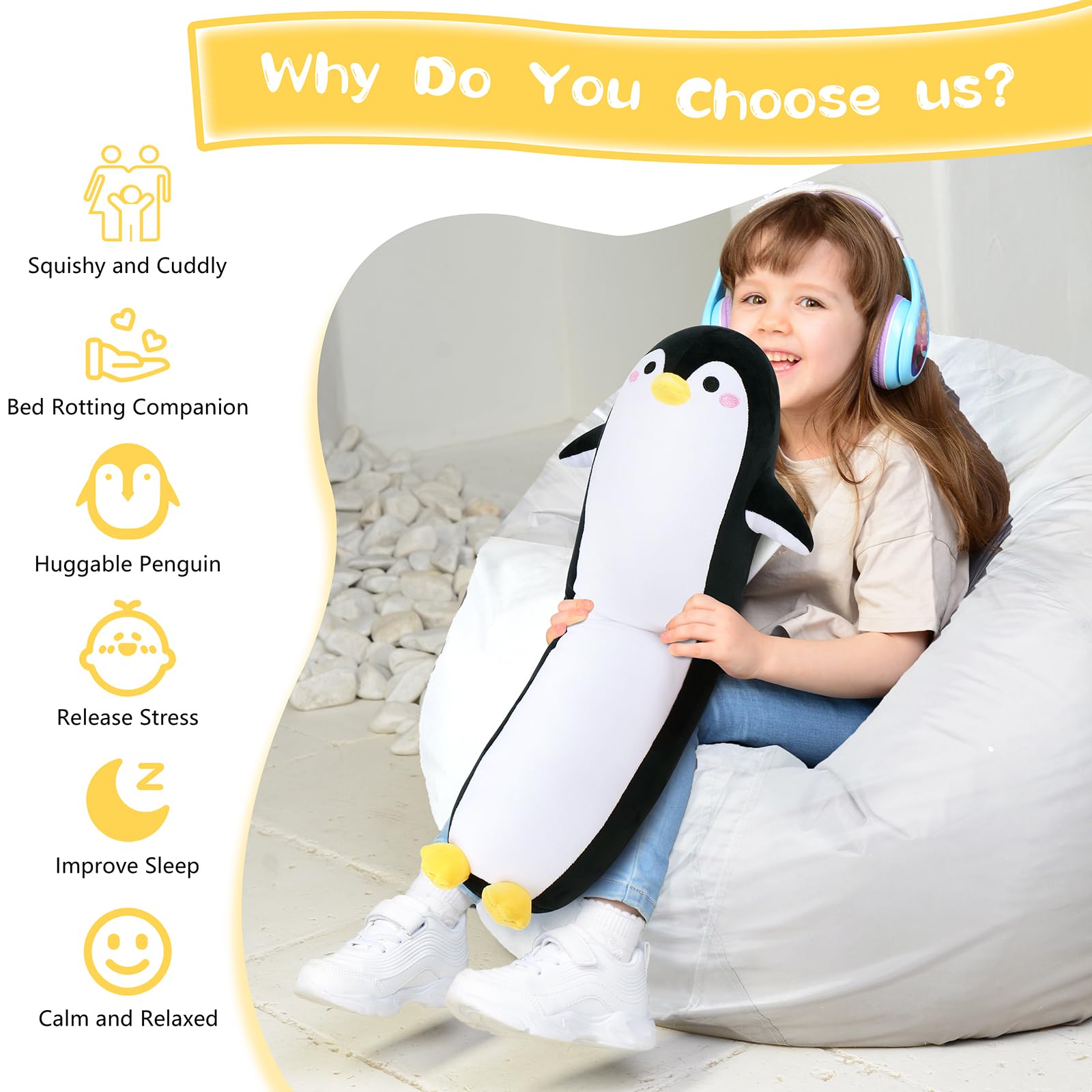 33.4 Large Penguin Plush Pillow Long Plush Penguin Stuffed Penguins Plushie Stuffed Animal Cute Plushie Animal Toys Hugging Pillow Chubby Cushion Pillow Toys for Boys Girls Present Decoration - Image 4