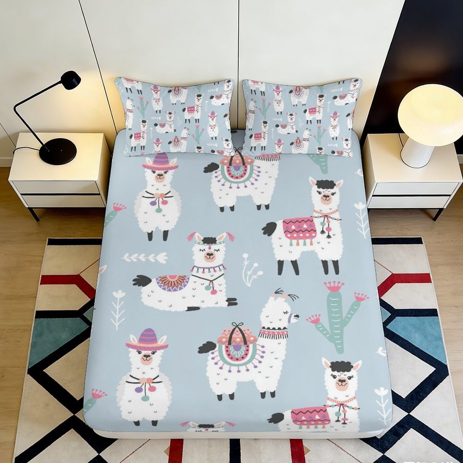 Jqzkxnhpbr Style-8 3D Printed Llama Cartoon Fitted Sheet Microfiber Soft Blue Alpaca Mattress Cover For Bedroom Dorm Decor 90X200x25cm