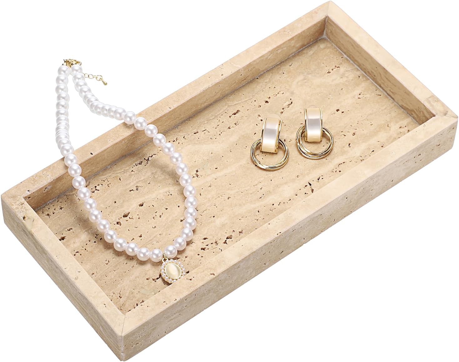 Hipiwe Natural Travertine Tray Vanity Decorative Tray Rectangular Perfume Trays Bathroom Countertop Storage Catchall Trays for Vanity Jewelry Trinket Candles Organizer, 9.8"x4.7"x1.2" - Image 8
