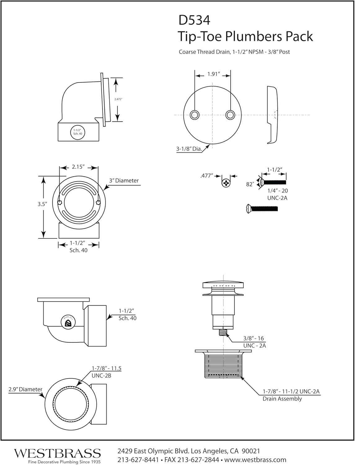 Westbrass Tip Toe Sch. 40 ABS Plumber's Pack with Two-Hole Elbow, Stainless Steel, D534-20