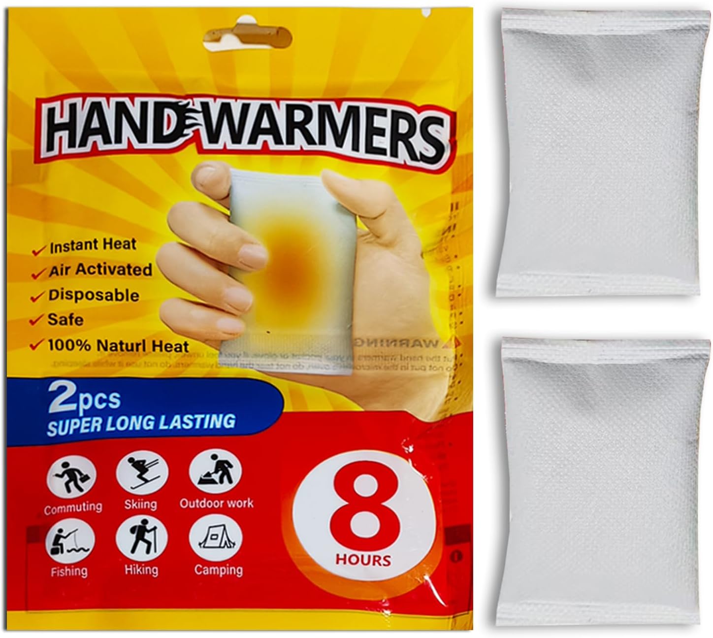 Hand Warmers, Lasts 8hrs, Heats Fast, 2-3 Min Activation, Heated Hand Warmers, Camping, Hiking, Skating, Skiing, Hunting, Fishing; Blizzards, Cold Winter or Summer Nights