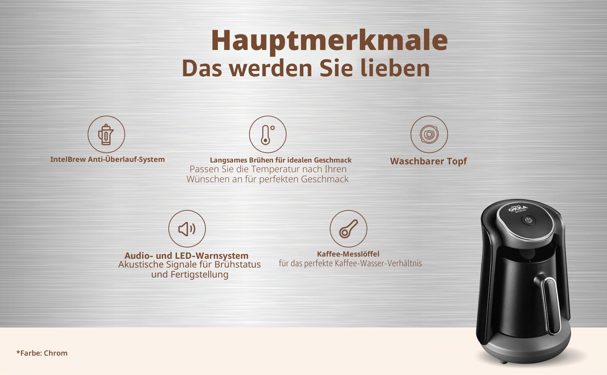 Arzum Okka Minio Türkische Kaffeemaschin Mit Patentiertem Überlaufsensor, Idealem Brühen Bei Niedriger Hitze Und Waschbarer Kanne Für Bis Zu 4 Tassen