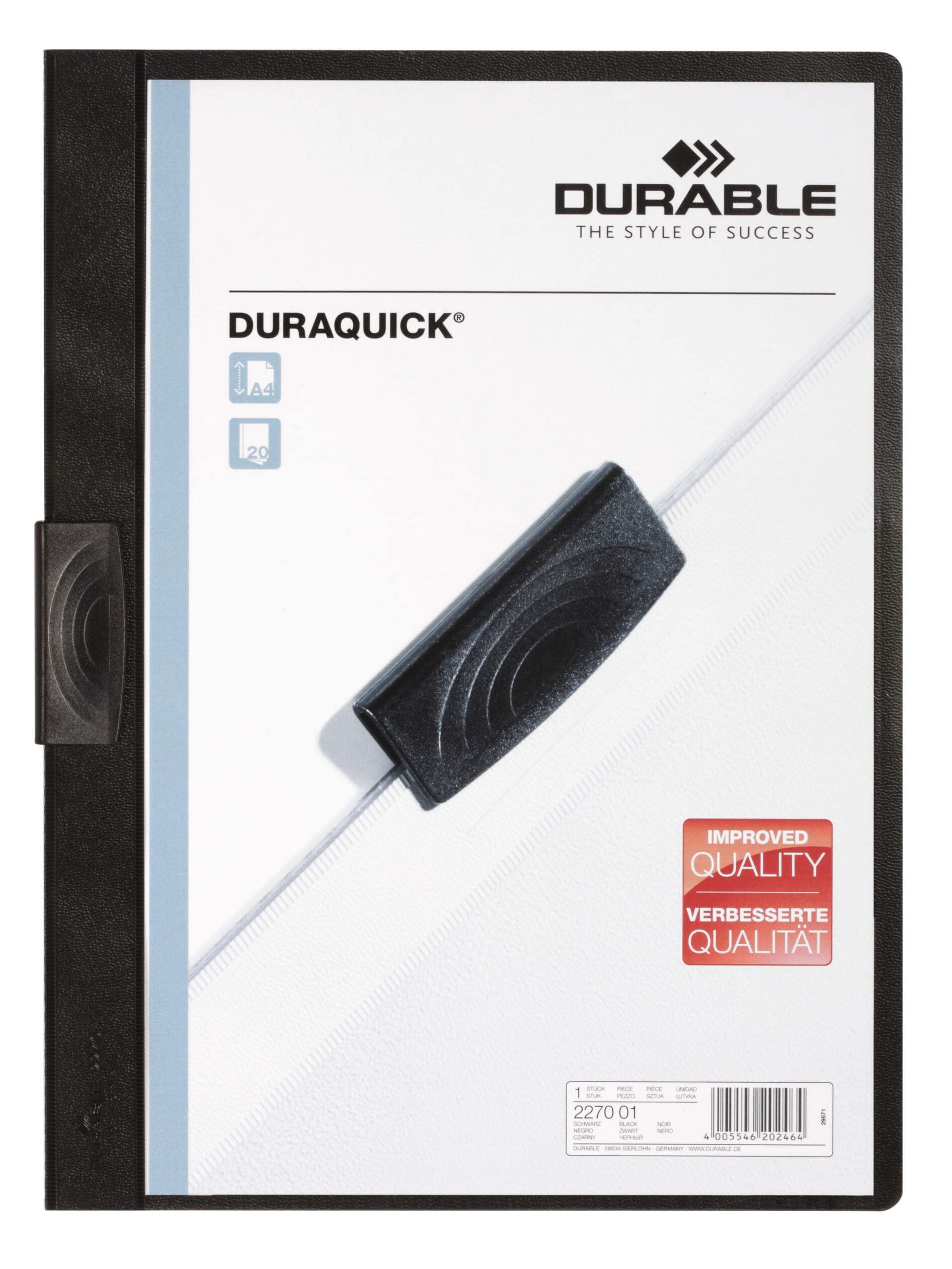 Durable DURAQUICK Clamp Binder, 20 Sheets, Soft/Hard Film, Transparent/Gray, Model 227010