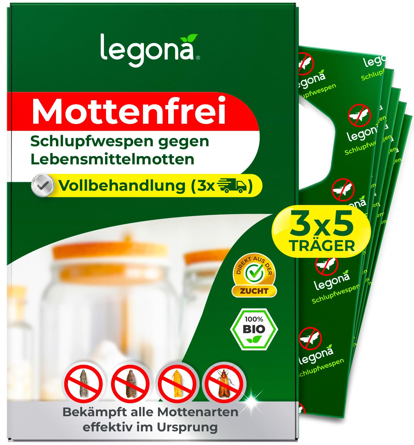 Legona Schlupfwespen gegen Lebensmittelmotten, 3 Lieferungen mit je 5 Trägern, 9 Wochen Vollbehandlung
