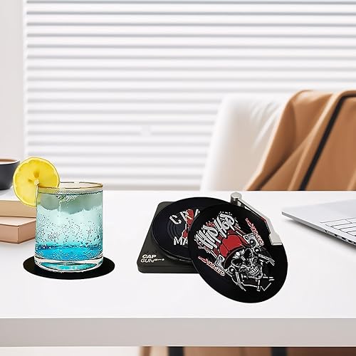 Miniatura 7 de Divertidos posavasos retro para discos de vinilo, juego de 6 posavasos creativos con soporte para tocadiscos de vinilo para amantes de la música,