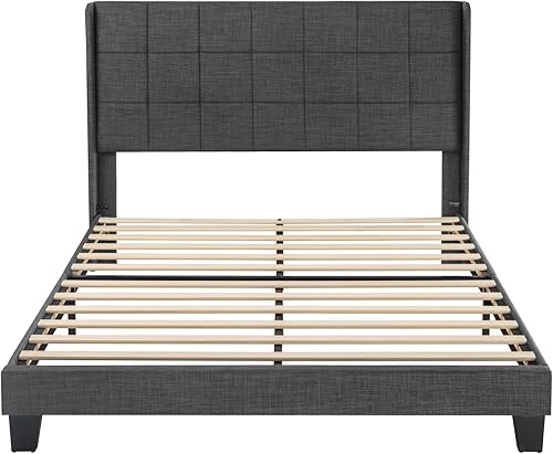 Miniatura 8 de MUTICOR Base de cama tamaño Queen con cabecera de ala, diseño cosido cuadrado, soporte de listones de madera, fácil montaje, gris oscuro Gris