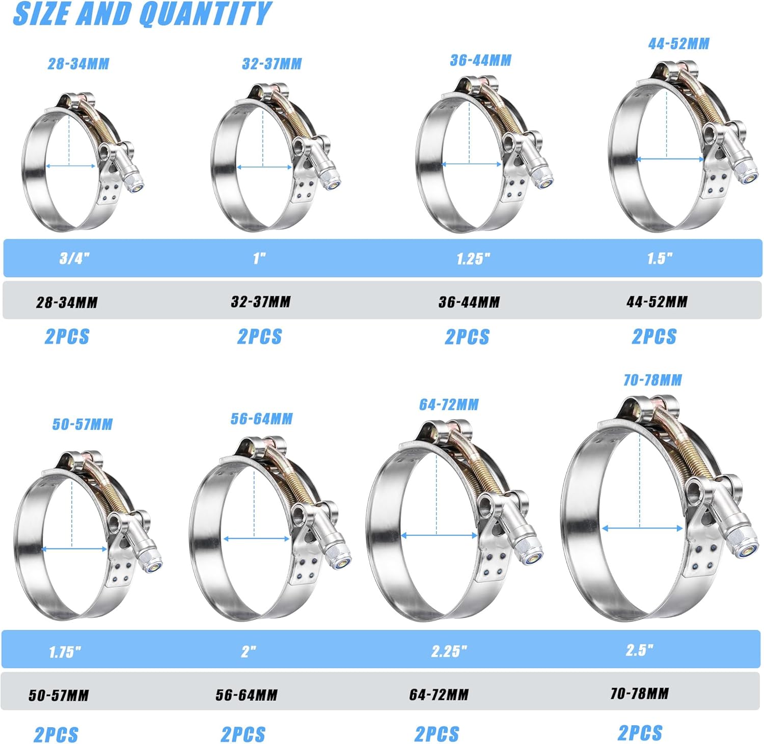 16Pack T Bolt Hose Clamps Set, 8 Size 3/4"~2.5" T bolt Heavy Duty Hose Clamp Working Range 28-78mm, 304 Stainless Steel for Radiator Hoses Clamp