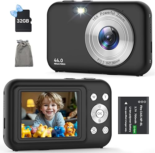 Vista 9 de Cámara digital, cámara para niños con tarjeta de 32GB, cámara FHD 1080P de 44MP para vlogging, cámara compacta recargable portátil de 16X zoom