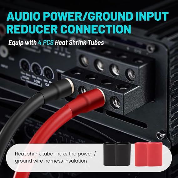 NuIth Amp Input Reducer 4 Gauge to 8 Gauge, 4PCS Car Audio Amplifier Wire Terminal Connectors Brass with Heat Shrink Tubing Allen Key for Amp Input, AWG Pin Power & Ground Connection