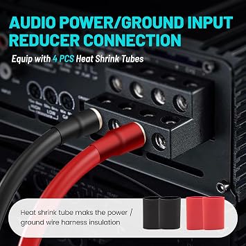 NuIth Amp Input Reducer 4 Gauge to 8 Gauge, 4PCS Car Audio Amplifier Wire Terminal Connectors Brass with Heat Shrink Tubing Allen Key for Amp Input, AWG Pin Power & Ground Connection