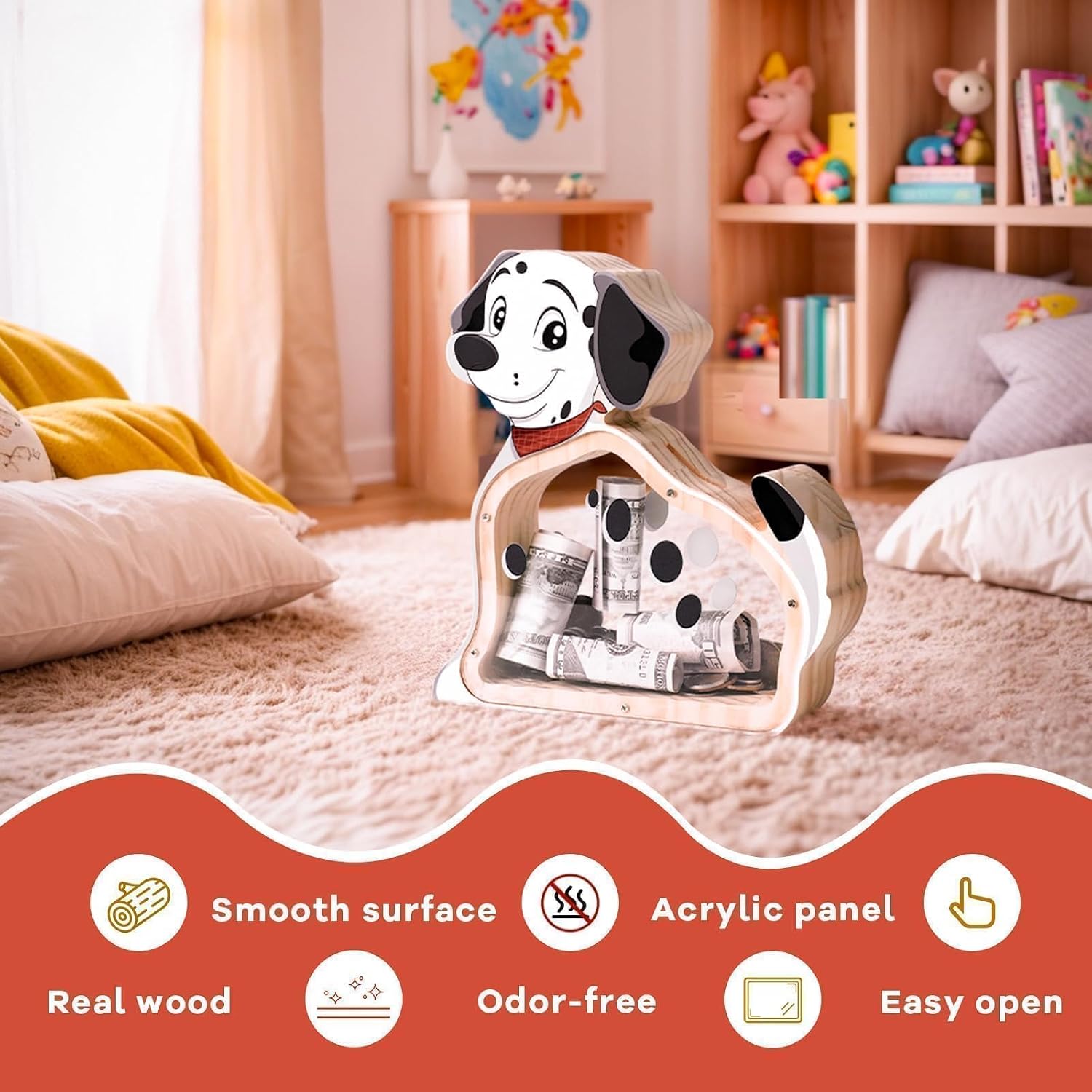 Wooden Dog Piggy Bank for Kids, Dalmatian Unbreakable Coin Bank for Kids with Stickers, Wooden Cashbox Money Bank, Birthday Gifts for Boys, Girls, Educational Toy for Boys, Girls, Room Decor