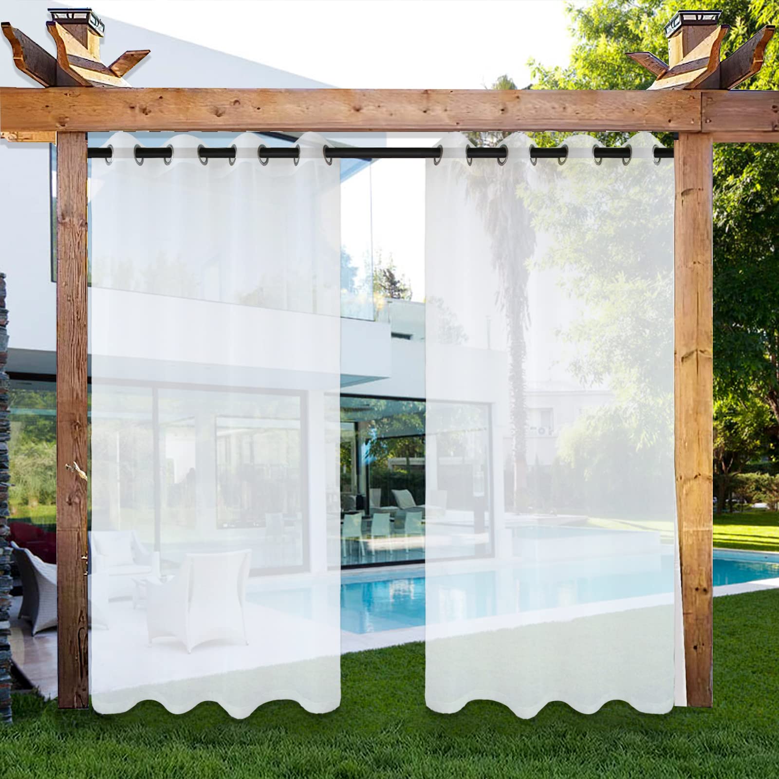 Cortinas transparentes impermeables para exteriores, 2 paneles (126 x 87 pulgadas), 320 x 220 cm (ancho x largo), cortinas de gasa para interiores y exteriores, para sala de estar, porche, pérgola,