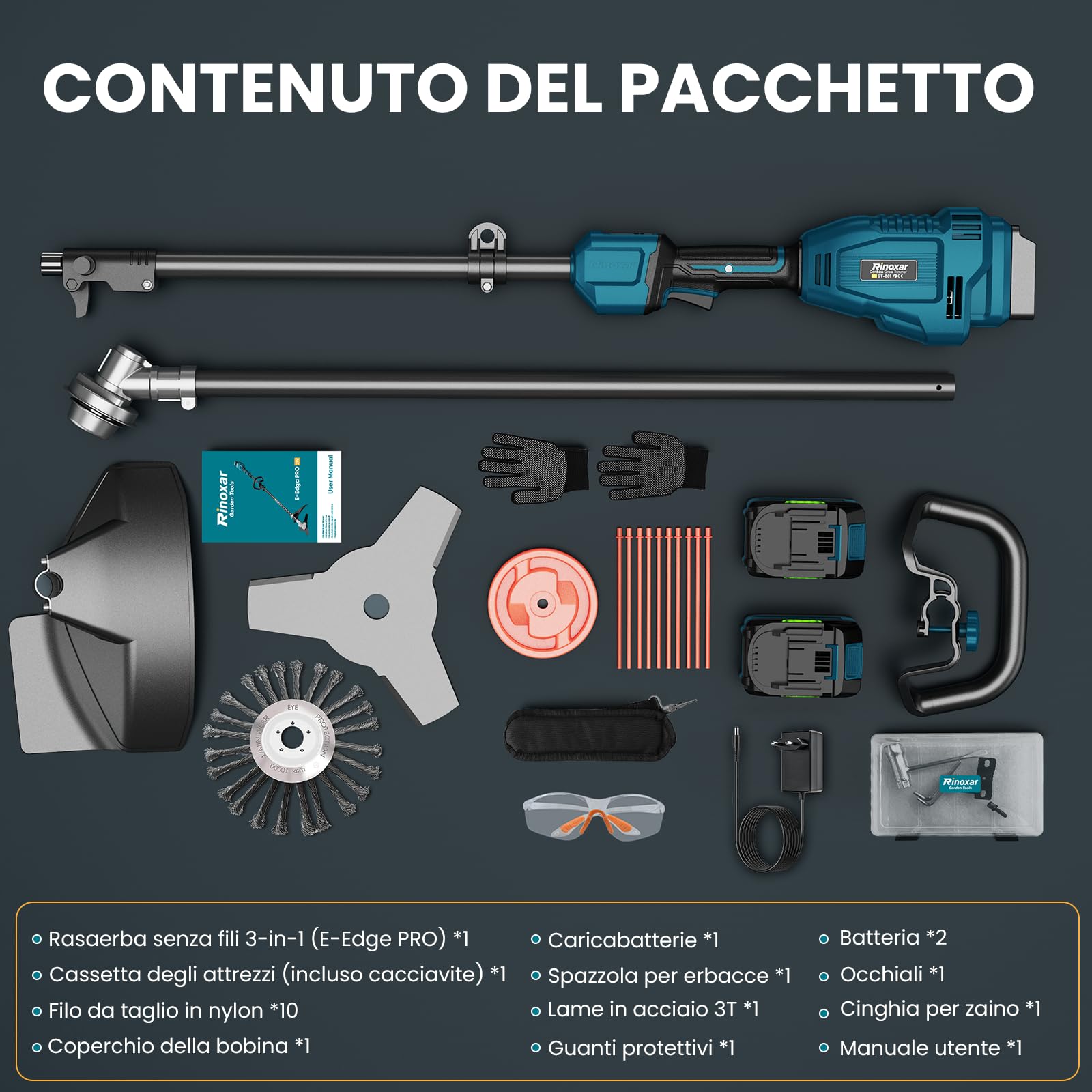 Decespugliatore a Batteria Brushless 26 cm 2x5200mAh 8000/12000 Giri/min Asta Regolabile 3 Lame