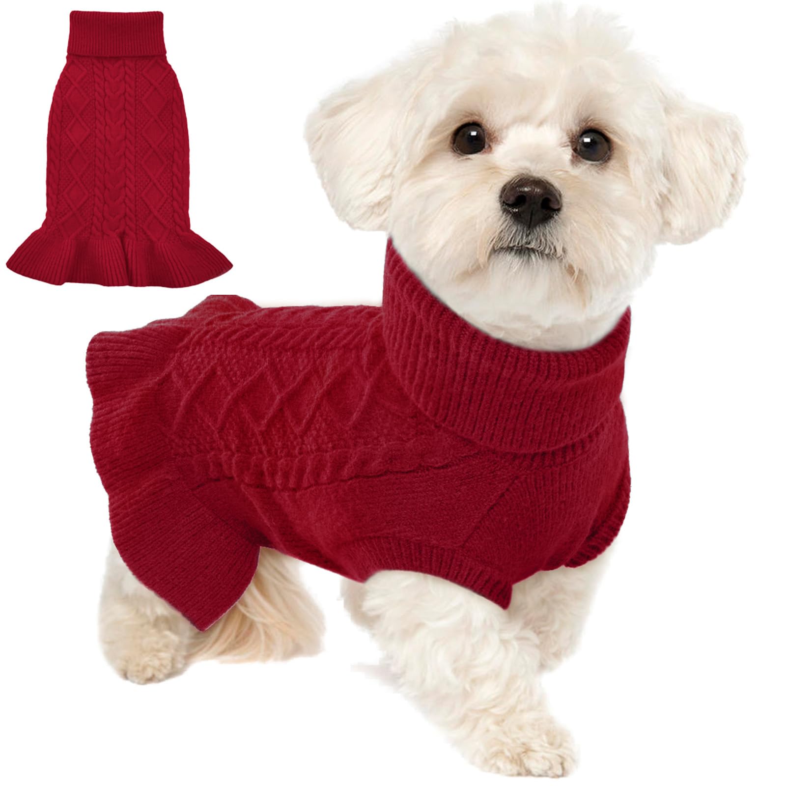 Lelepet Chandail de Noël à col roulé pour chien, en tricot torsadé – Robe chaude pour chiens de petite, moyenne et grande taille – Vêtement d'automne – Chihuahua, taille XS – Rouge