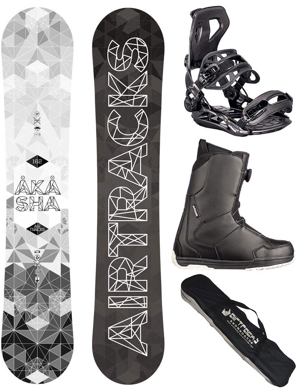 AIRTRACKS Snowboard Set Pack Planche Akasha Wide Hybrid Rocker + Fixations Master + Chaussures + SB Sac 152 157 159 162 cm