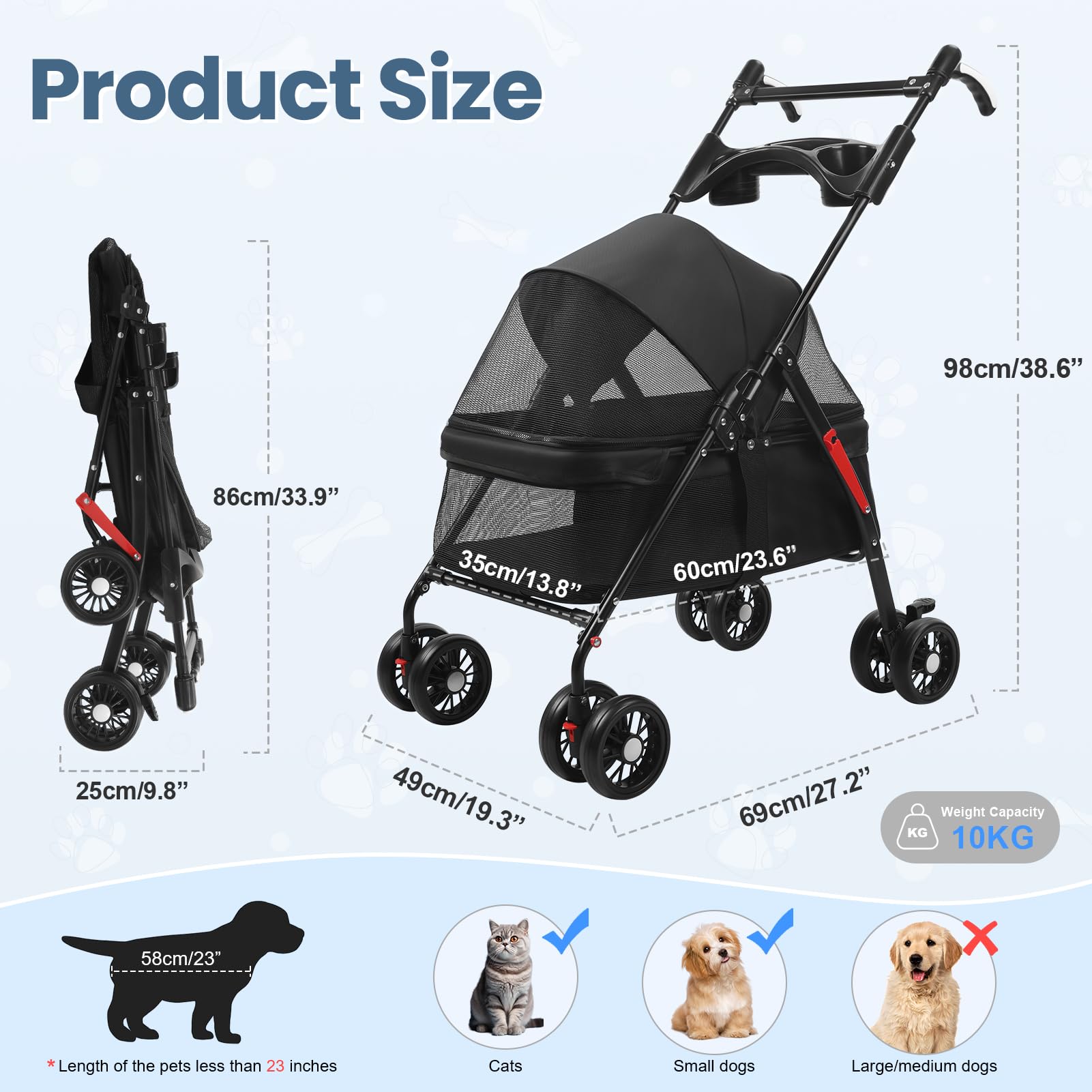 2in1 Hundewagen, Hundebuggy mit 1 Getränkehaltern, Hundebox Transporttasche Faltbar klappbar mit Feststellbremse, Bollerwagen für Hunde, 48 cm * 68 cm * 95cm (Schwarz-1)
