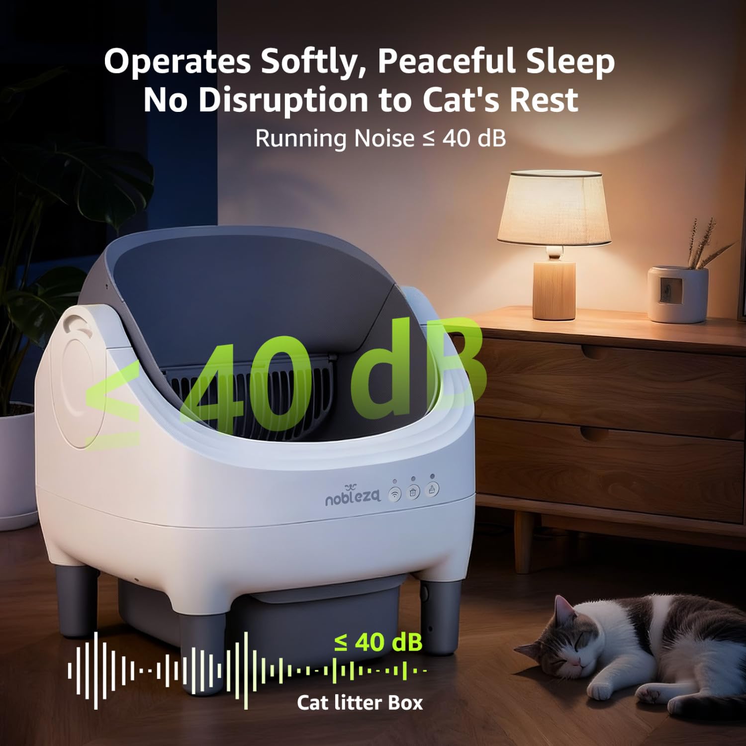 Nobleza Arenero Autolimpiable SL03 para Gatos - Caja de Arena Automática con Control por App, Diseño Abierto, Gran Capacidad, Incluye 2 Rollos de Bolsas y 1 Ambientador, Color Blanco