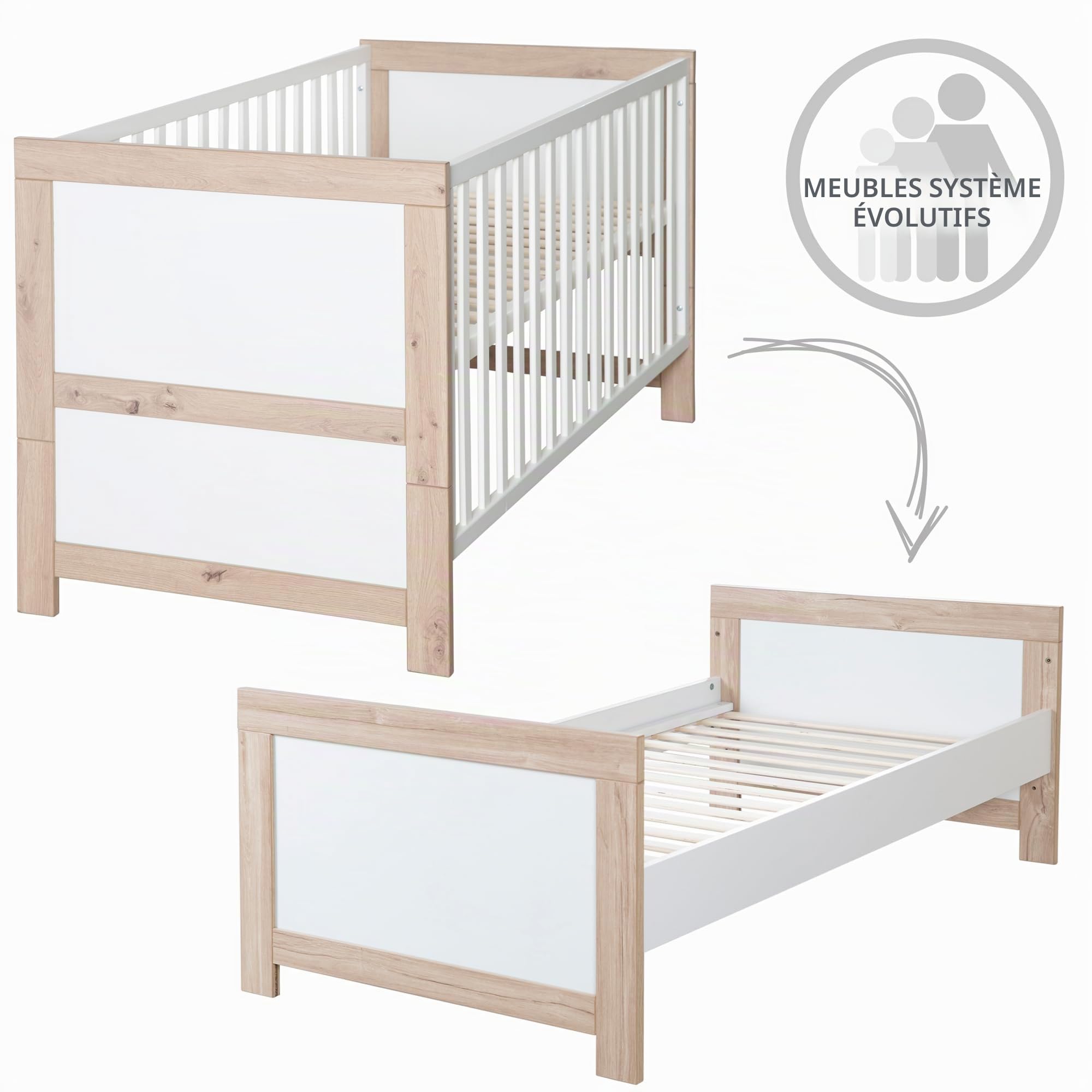 roba Lit Bébé Évolutif 70 x 140 cm Malo - Convertible en Lit Enfant - 0 à 7 Ans - Jusqu'à 50 kg - Hauteur Réglable - 3 Barreaux Amovibles - Bois Blanc/Décor Chêne Clair