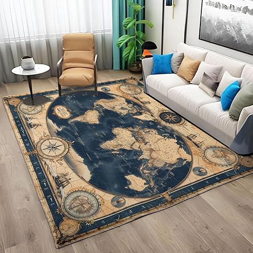 Alfombra lavable a máquina con tema retro que no desprende pelusa y es de fácil cuidado, con mapa del mundo, para sala de estar, comedor, cocina,