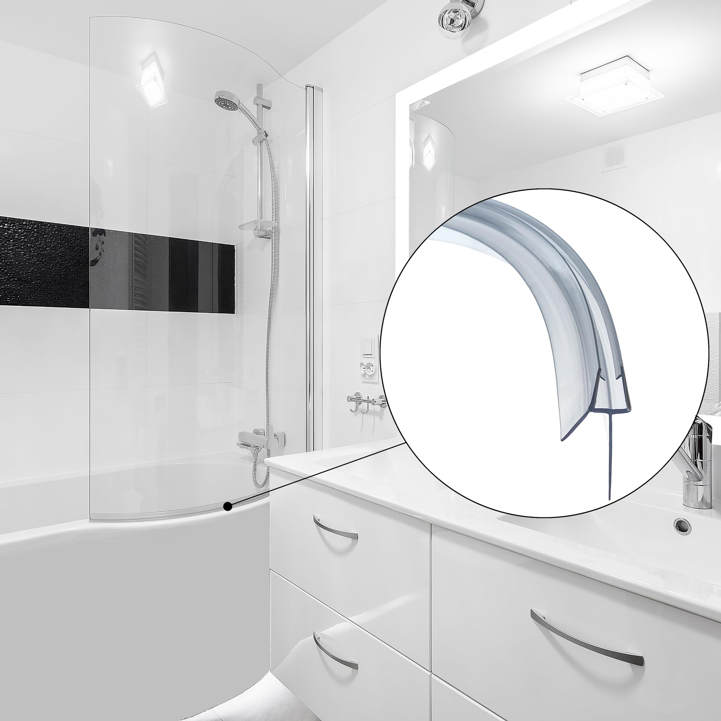 Lot de 2 joints d'étanchéité pré-courbés de 90 cm pour porte de douche en verre incurvé de 4 à 6 mm, jusqu'à 20 mm d'espace