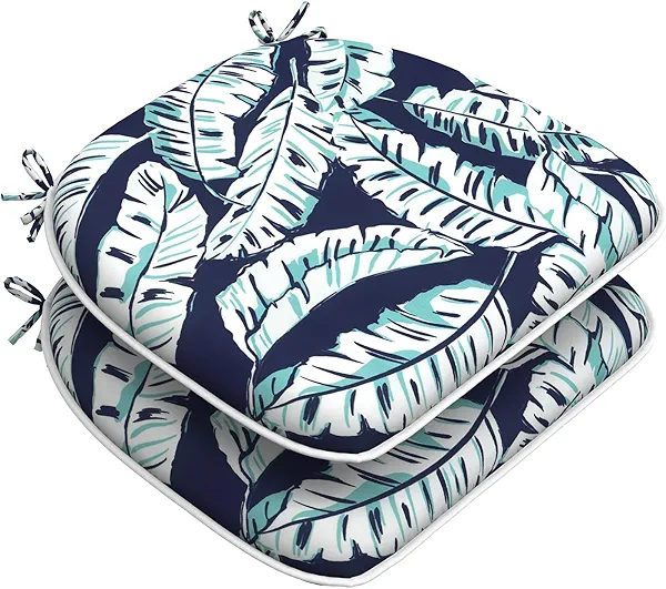DYTXIII Set of 2 Outdoor Chair Cushions with Ties,Water Repellent Patio Chair Pads 17"x 16" for Outdoor Furniture,Round Corner Seat Cushions for Garden Yard Kitchen Baltic Palms White