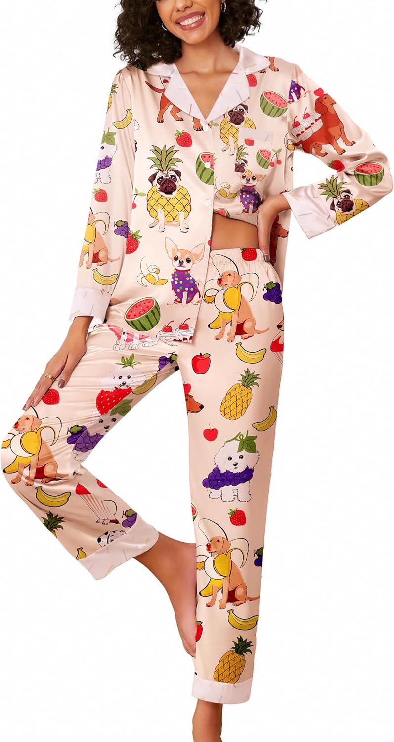 Ekouaer Silk Pajamas for Women Long Sleeve Satin Pajama Set Striped Leopard Print Pj Sets Button Down Loungewear Sleepwear