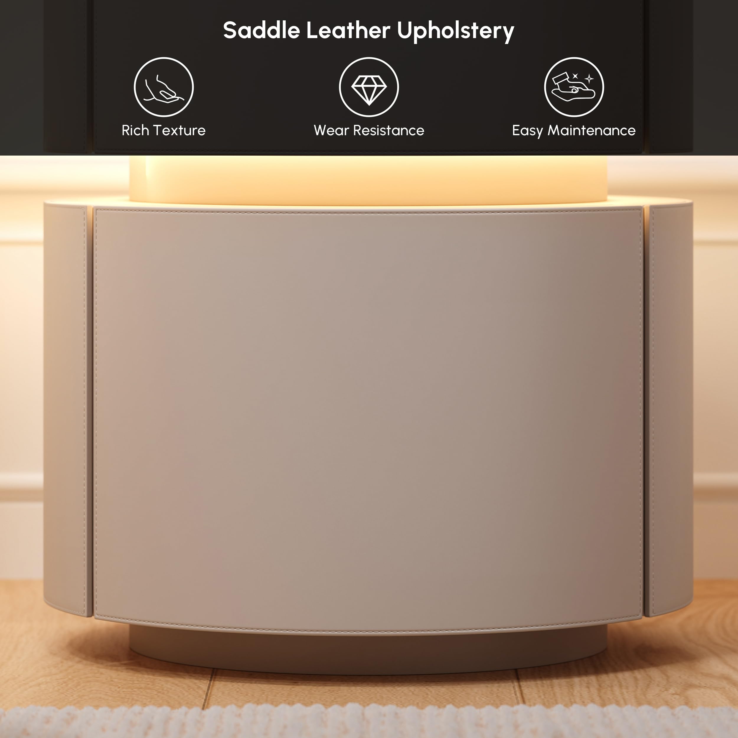 Homary Nachttisch mit Ladefunktion, Smart Nachtschrank mit 2 Schubladen, Sattelleder & Sinterstein, 40x40x52cm, Moderner Beistelltisch mit LED-Beleuchtung für Schlafzimmer, Rundes Design