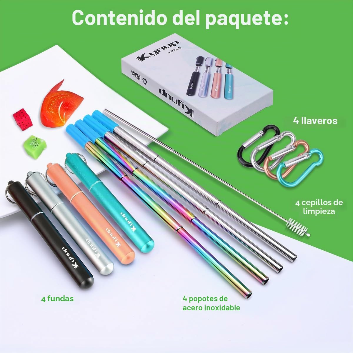 4PCS Pajitas Telescópicas de Acero Inoxidable, Portátiles Pajitas Telescópicas Reutilizables, Fácil de Limpiar, Longitud de hasta 23 cm, Cepillo de Limpieza/Estuche/Mosquetón, Negro/Plata/Azul/Naranja