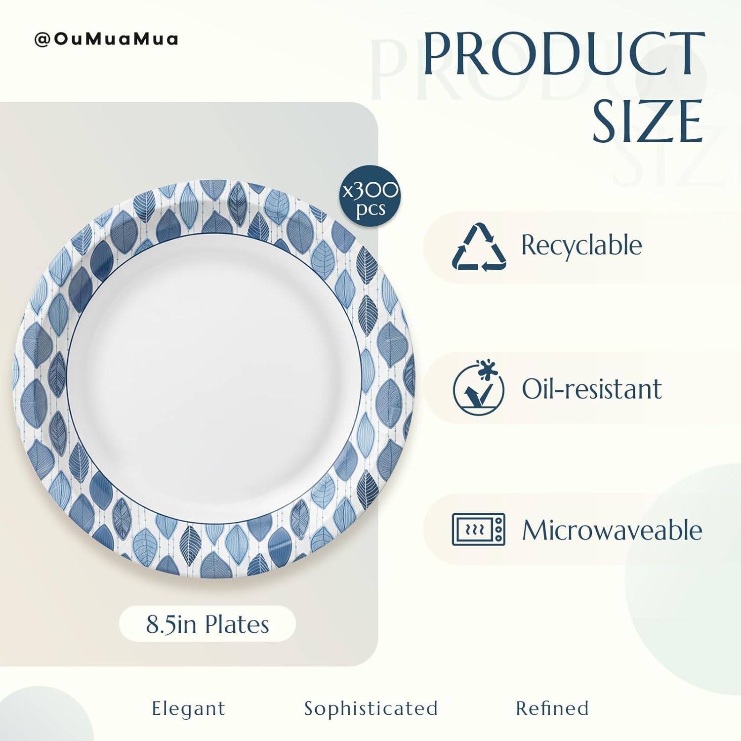 OuMuaMua 8.5 Inch Paper Plates, 300 Count Heavy Duty Disposable Plates, Soak Proof & Cut Resistant, Microwave Safe, Sturdy Bulk Plates for Everyday Meals & Family Use