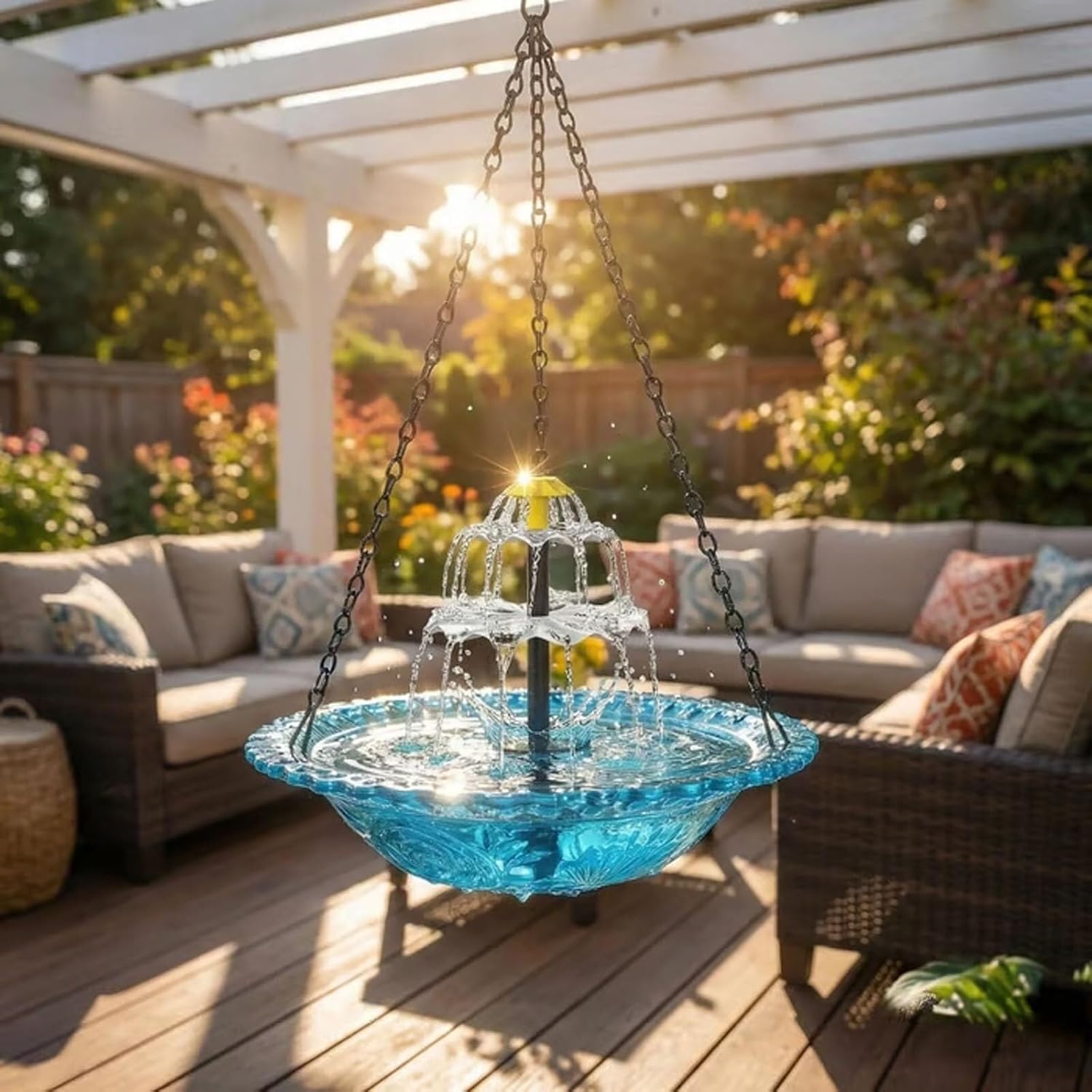Solar-Powered Waterfall-Style Hanging Bird Bath Fountain, Outdoor Hanging Solar Bird Bath, Waterfall-Style Glass Hummingbird Bath Fountain, Equipped with Solar Water Pump and Glass Bowl