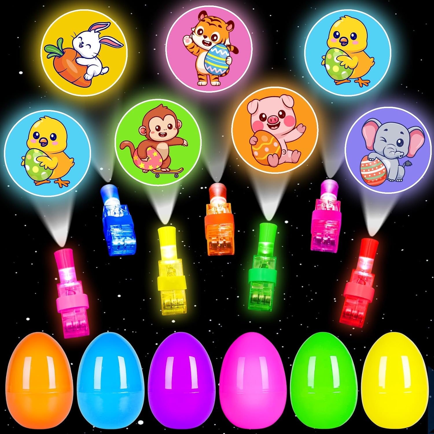 Easter Party Favors for Kids , 24 Pack Easter LED Light Up Finger Lights Easter Basket Stuffers for Kid Boys Girls Easter Egg Hunt Filling Treats Easter Basket Stuffers Easter Party Favor