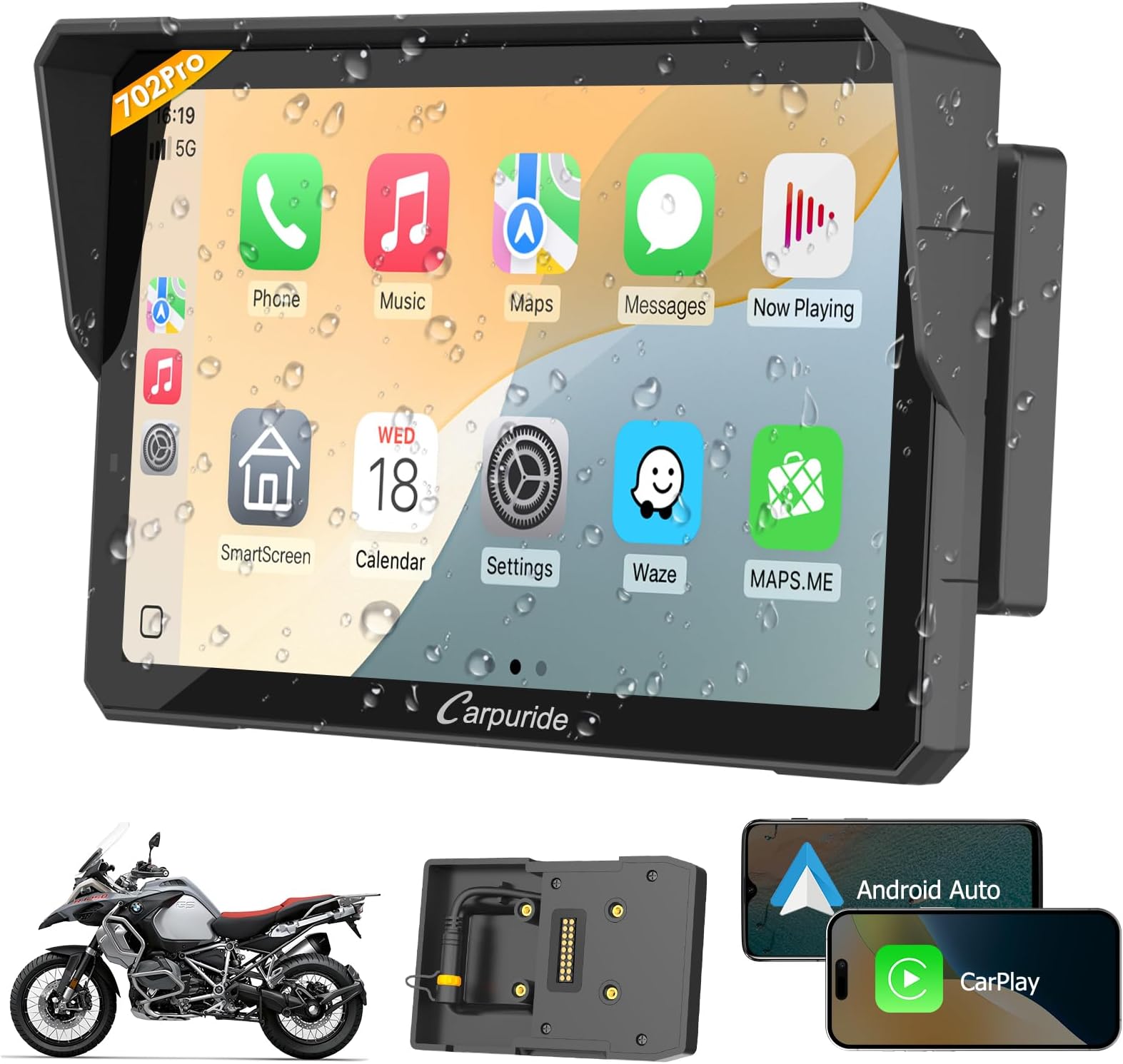 W702B PRO Motorcycle Carplay Screen for BMW R1200GS R1250GS S1000XR Motorcycle, 7 inch Waterproof Touchscreen, Portable Carplay/Android Auto GPS Navigation for Motorbike, Dual Bluetooth