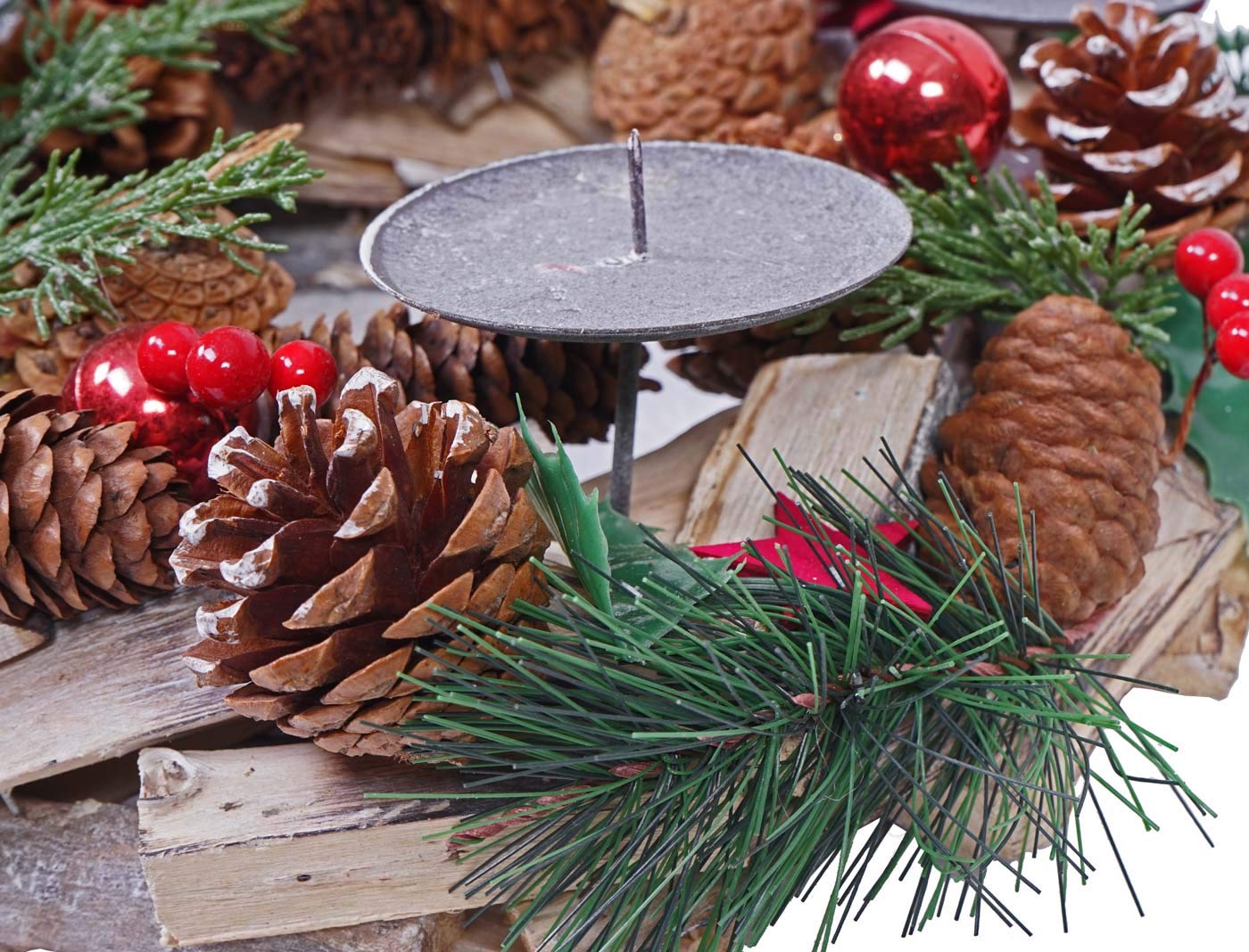 Adventskranz HWC-H49AM, Weihnachtsdeko Adventsgesteck Weihnachtsgesteck, Holz rund Ø 33cm - inkl. 4X Kerzen rot