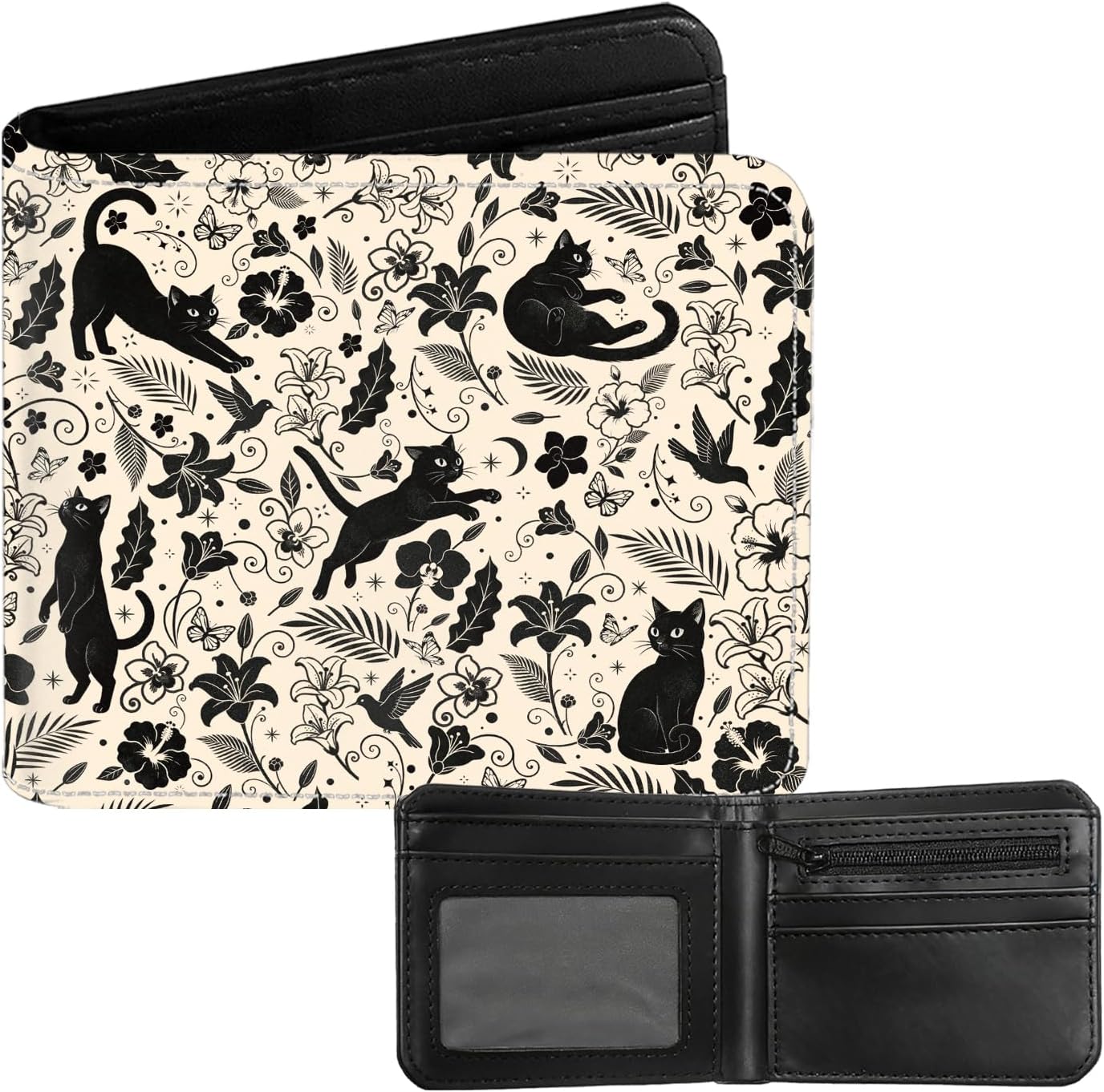 Cat Flower Bifold Wallet for Women, PU Leather Small Slim Coin Pocket Wallet with ID Window for Cat Lover, Gift for Female Ladies, Khaki