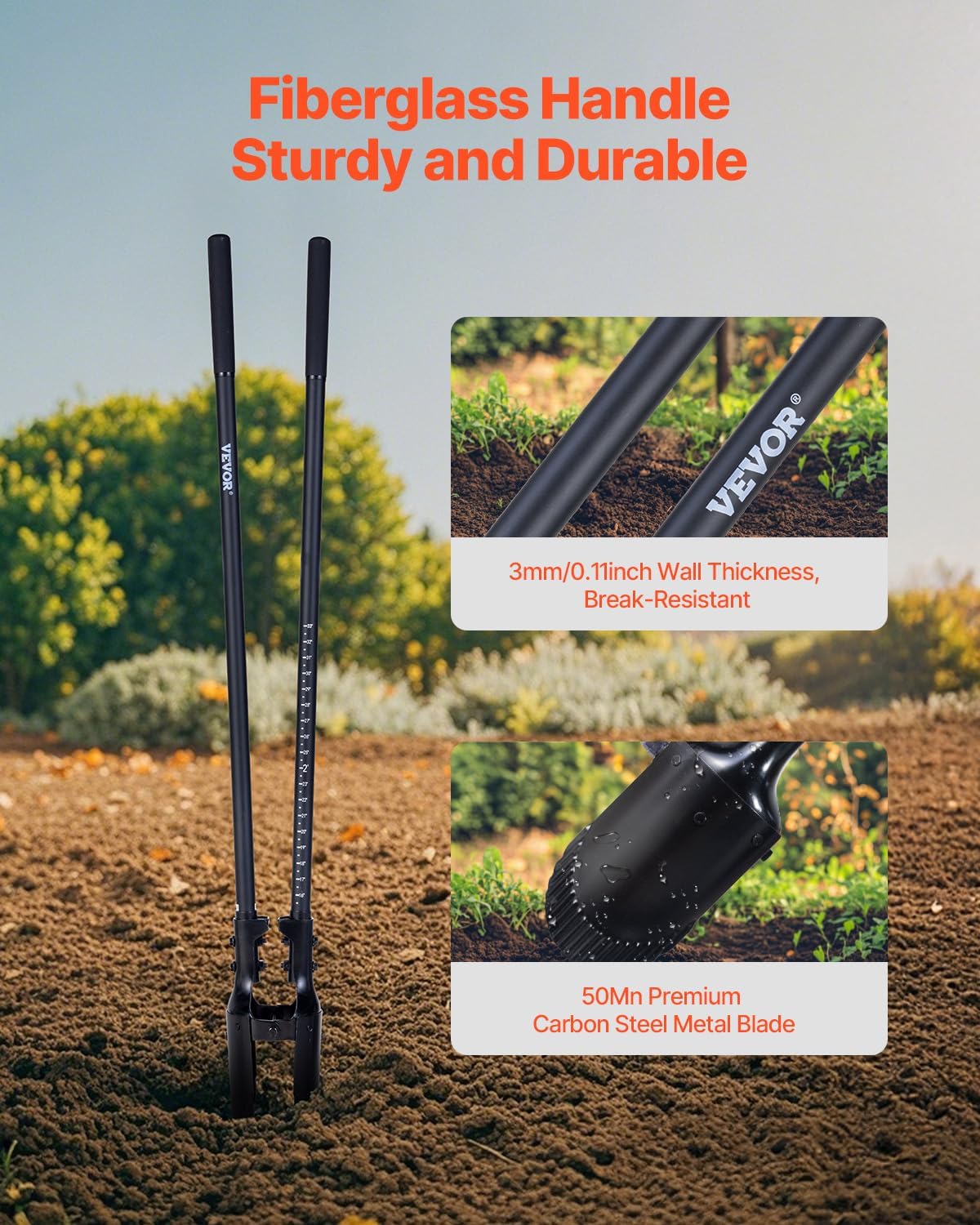 VEVOR 57.5" Post Hole Digger, Heavy Duty Post Hole Digger with Fiberglass Measurement Handle, Manual Hole Digger with Metal Blade, Post Hole Digger Tool for Digging Cultivating Yard Work Gardening - Image 2