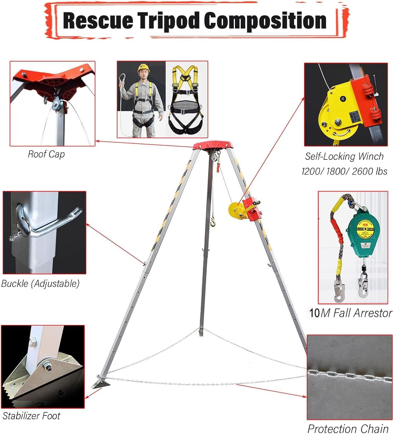 Aetherion Stativ für enge Räume, Rettungsstativ mit 30 m Stahlkabel und Fallschutz, Kapazität 544/816/1179 kg, für Rettung von 816 kg
