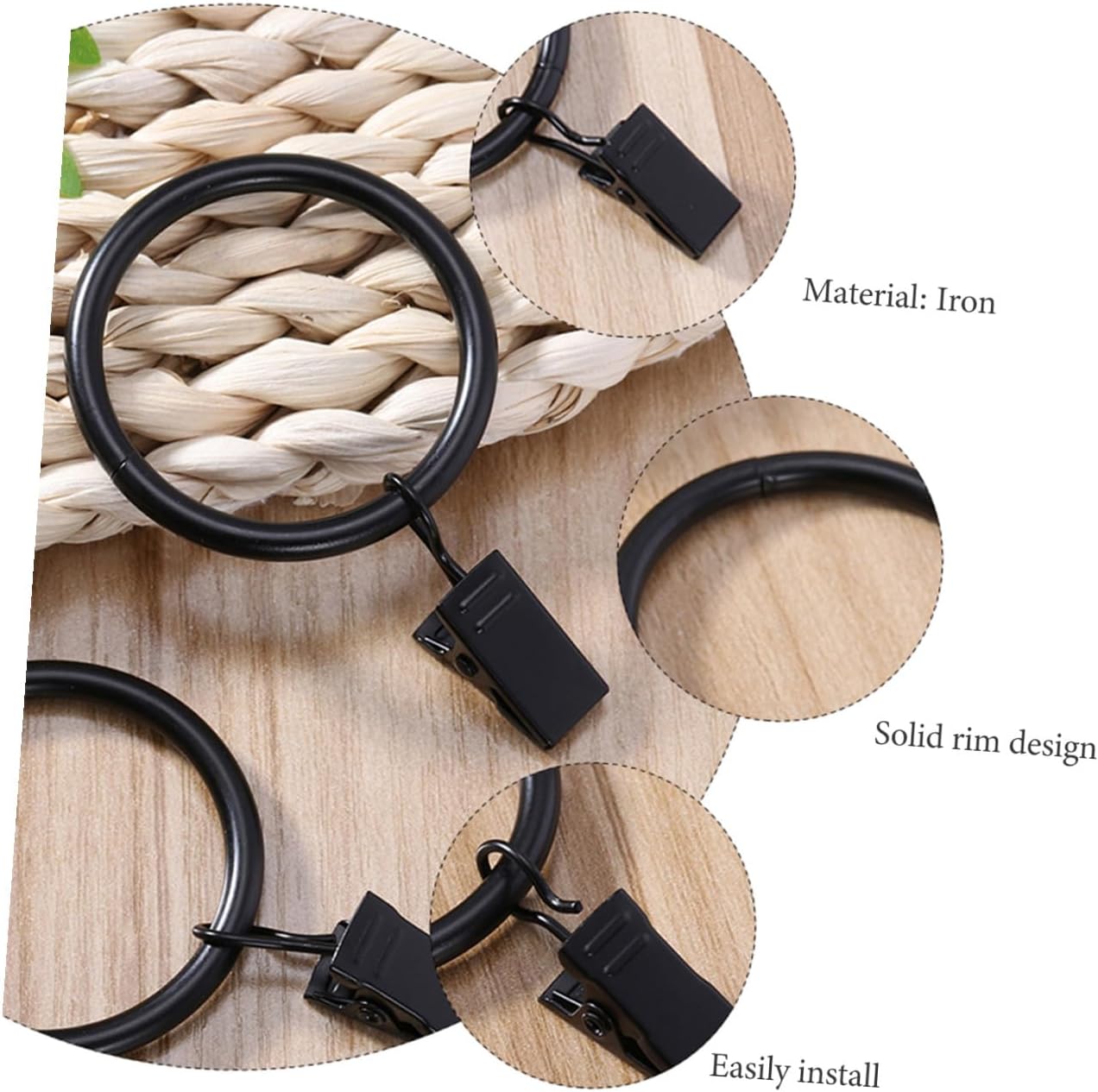 Luxshiny 40pcs Rustproof Black Curtain Rings with Removable Clips Wire Inner Drapery Hooks for Window Curtains Indoor Outdoor Use Easy Slide and Install