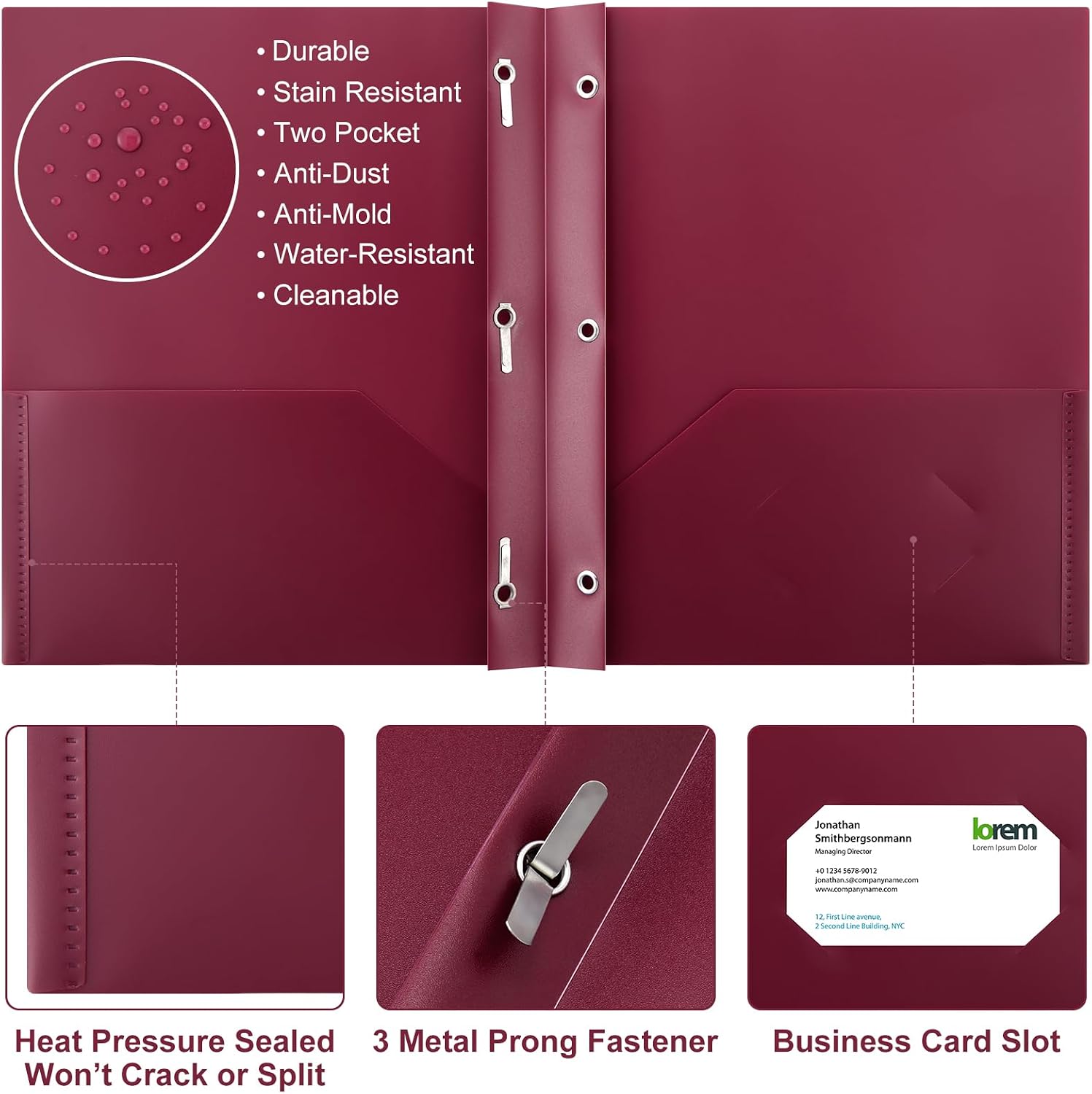 Cholemy 72 Packs Pocket Folders with Prongs Heavy Duty Plastic Folder with Business Card Slot 3 Prong Fasteners for School Office (Burgundy)