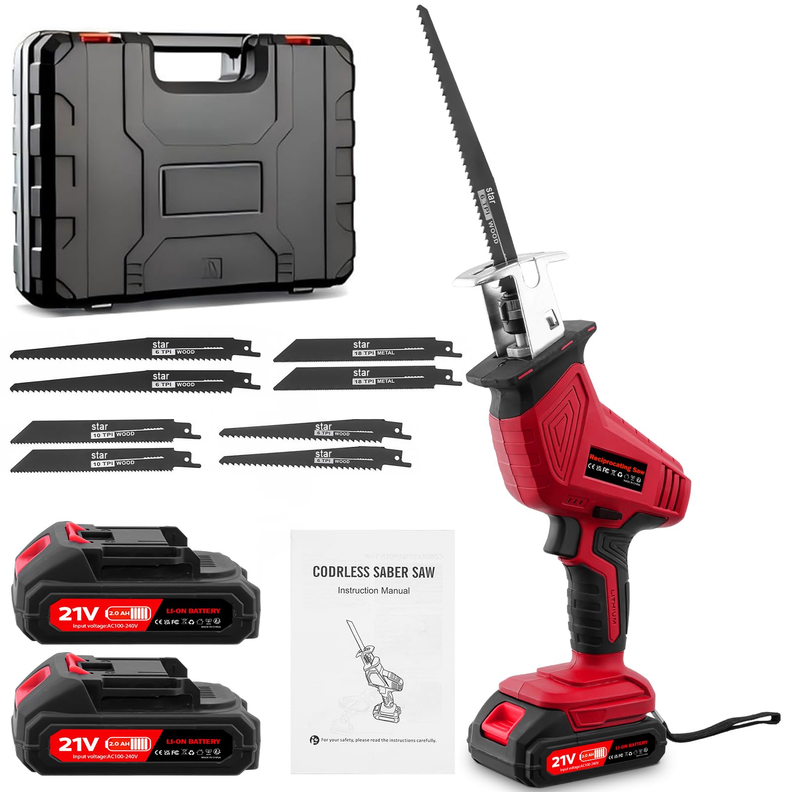 Sararoom Sierra Sable, 21V Sierra Alternativa Inalámbrica, 0-4000RPM Velocidad Variable Sierra de Sable Electrica con 2×2.0Ah Baterías y 8 Hojas, Serrucho con Luz LED para Cortar Madera Metal - Rojo