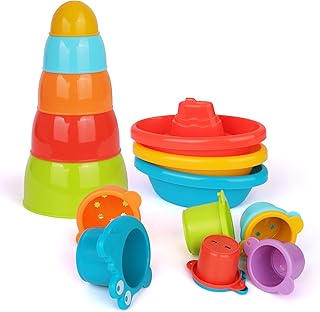 Playkidz Bath Toys Bundle Set - Little Boat Train, Stacking Bowls and Croc Cups for Toddlers- Pack of 16 Stackable Plastic Kids Tugboats and Cute Cups for Bathtub & More Ages 12m+