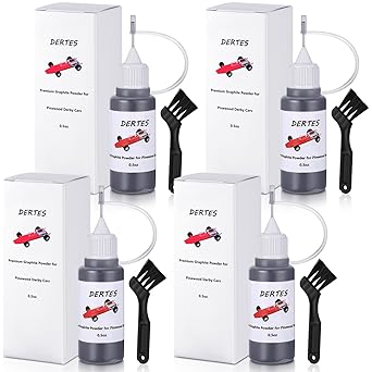 4 Pack Pinewood Car Graphite Powder, 0.5oz Each with Needle Tip & Cleaning Brushes – Dry Lubricant for Derby Car Wheels, Axles, Locks, Hinges, and More