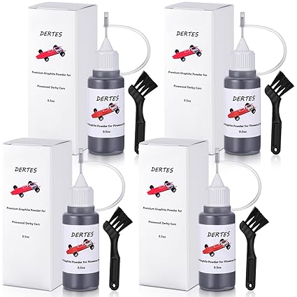 4 Pack Pinewood Car Graphite Powder, 0.5oz Each with Needle Tip & Cleaning Brushes – Dry Lubricant for Derby Car Wheels, Axles, Locks, Hinges, and More