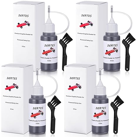 4 Pack Pinewood Car Graphite Powder, 0.5oz Each with Needle Tip & Cleaning Brushes – Dry Lubricant for Derby Car Wheels, Axles, Locks, Hinges, and More