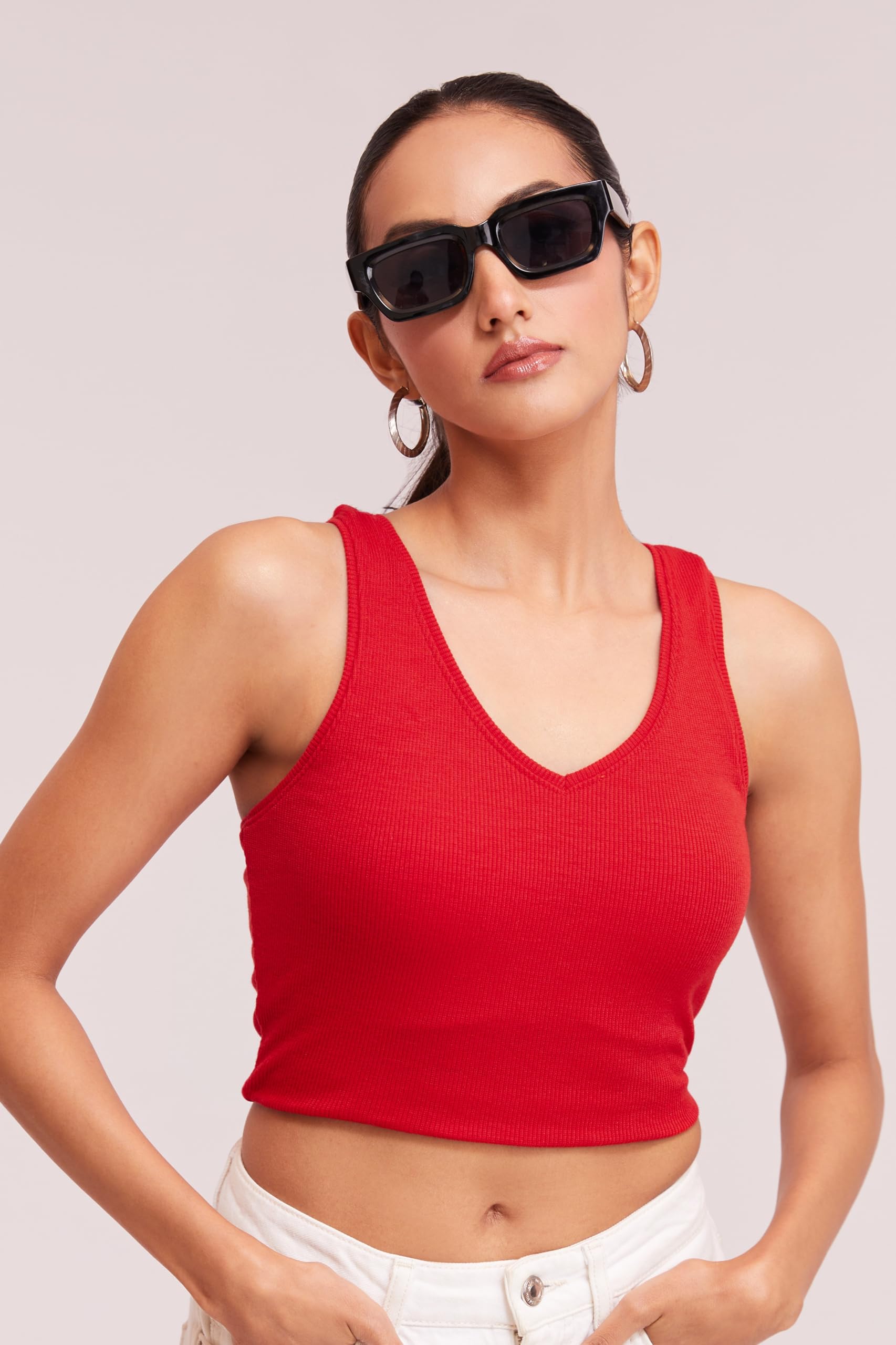 BERRY BIRD® Sleeveless V- Neck Slim Fit Ribbed Knit Tank Cut Out Back Crop Tops for Women & Girls Casual Beach and Gym Wear and Western Trendy Fashion Red 1