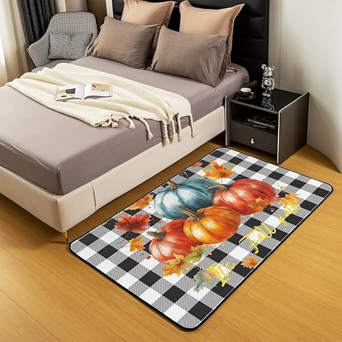 Miniatura 3 de Alfombra de otoño de calabaza, alfombra de cuadrícula de búfalo, 3 x 5 pies, hojas de arce otoñal, alfombra que no desprende para sala de estar,