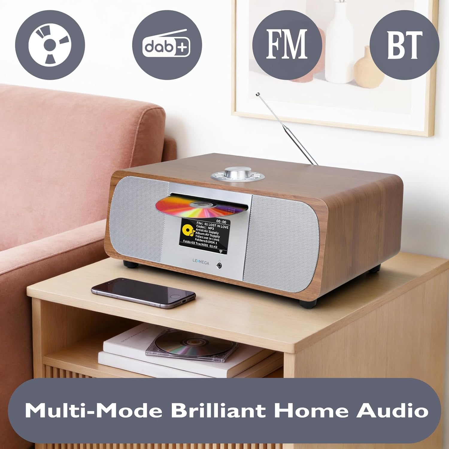 LEMEGA M6P CD Player with FM Radio, Bluetooth Streaming, 150W Stereo HiFi System with Internal Subwoofer, 2.8" Colour Display, Presets, Remote, Acoustic Wooden Cabinet (Walnut)